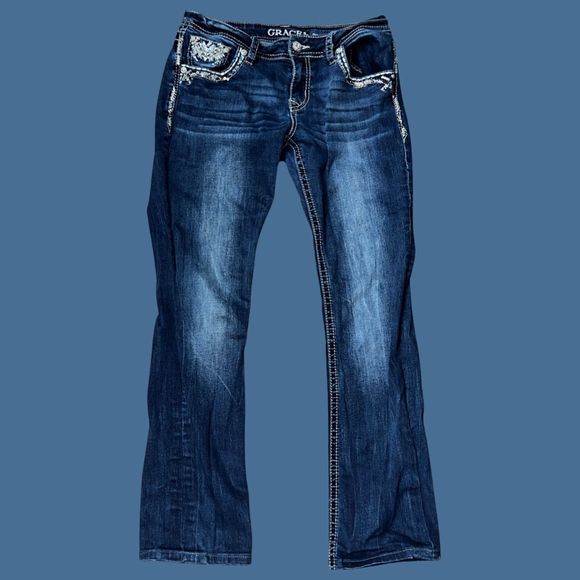 Grace in LA Bedazzled Rhinestone Sequins Bootcut Jeans Size 31x28 - Picture 2 of 5